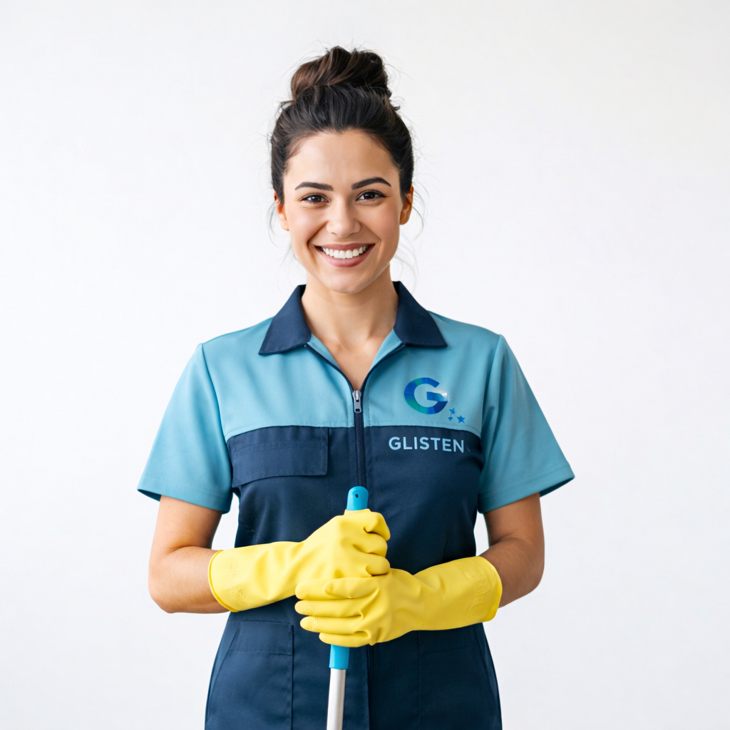 Professional cleaning specialist smiling while working